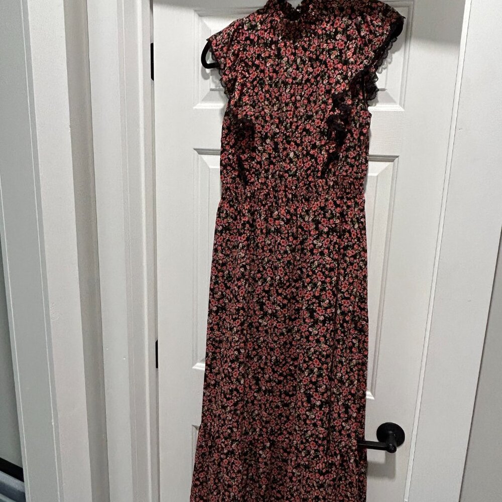 Lost + Wander Rose Garden Smocked Waist Maxi Dress in Black Pink Floral Size Med
